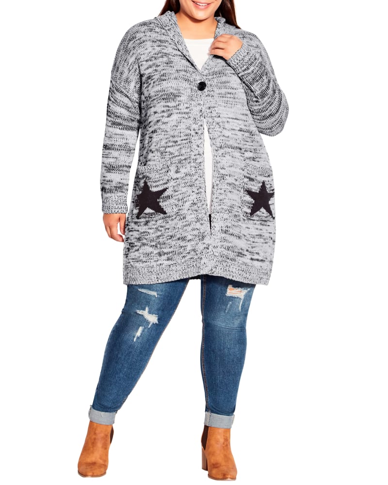 Front of a model wearing a size 14 Stargaze Cardigan in Grey by avenue. | dia_product_style_image_id:228609